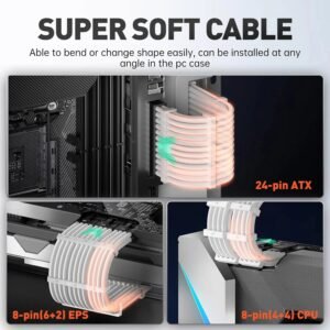 AsiaHorse 16AWG 6KIT DOUBLE White Sleeved PSU Cable Extension Kit – 24-Pin ATX, Dual 4+4 CPU EPS, 3x PCI-E 6+2, Gold-Plated Terminals, 300mm, High-Density PET Braided