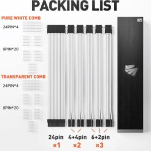 AsiaHorse 16AWG 6KIT DOUBLE White Sleeved PSU Cable Extension Kit – 24-Pin ATX, Dual 4+4 CPU EPS, 3x PCI-E 6+2, Gold-Plated Terminals, 300mm, High-Density PET Braided