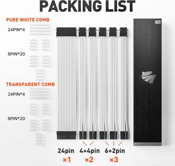 AsiaHorse 16AWG 6KIT DOUBLE White Sleeved PSU Cable Extension Kit – 24-Pin ATX, Dual 4+4 CPU EPS, 3x PCI-E 6+2, Gold-Plated Terminals, 300mm, High-Density PET Braided