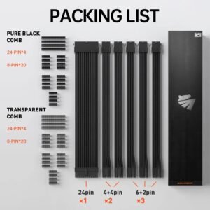 AsiaHorse 16AWG 6KIT DOUBLE Black Sleeved PSU Cable Extension Kit – 24-Pin ATX, Dual 4+4 CPU EPS, 3x PCI-E 6+2, Gold-Plated Terminals, 300mm, High-Density PET Braided