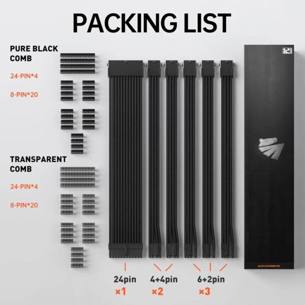 AsiaHorse 16AWG 6KIT DOUBLE Black Sleeved PSU Cable Extension Kit – 24-Pin ATX, Dual 4+4 CPU EPS, 3x PCI-E 6+2, Gold-Plated Terminals, 300mm, High-Density PET Braided