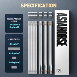 ASIAHORSE Transparent Sleeved PSU Extension Cable 4 Kit – 16AWG UL1007 Wires, 24-Pin ATX, PCIe 6+2, CPU 4+4, PET Braided, 30cm Length, Gold-Plated Terminals – White