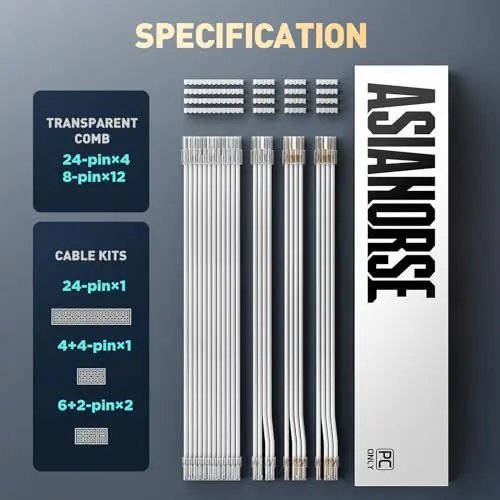 ASIAHORSE Transparent Sleeved PSU Extension Cable 4 Kit – 16AWG UL1007 Wires, 24-Pin ATX, PCIe 6+2, CPU 4+4, PET Braided, 30cm Length, Gold-Plated Terminals – White