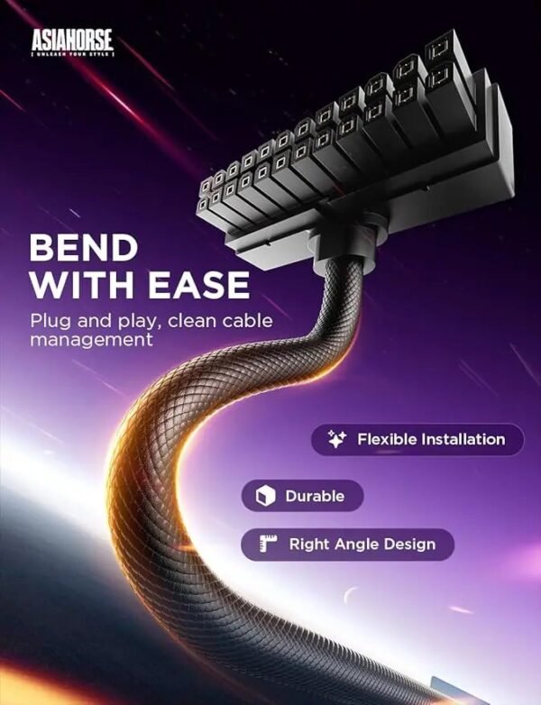 2025/12/1000388886.jpg ASIAHORSE Hydrus 24-Pin ARGB PSU Left Extension Cable 400mm – Black, 18AWG, RGB Lighting, PVC Material, 12V Voltage, 250W Rated Power, Premium Cable Mod for PC Builds