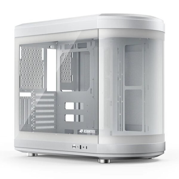 2025/12/1000388969.jpg ASIAHORSE Perseus Mid Tower ATX Case – Dual-Chamber Design, Panoramic Curved Glass, Type-C I/O, 360mm Water Cooling Support, 9 Fan Slots, Robust SPCC Steel Frame, White