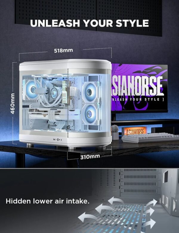 2025/12/1000388970.jpg ASIAHORSE Perseus Mid Tower ATX Case – Dual-Chamber Design, Panoramic Curved Glass, Type-C I/O, 360mm Water Cooling Support, 9 Fan Slots, Robust SPCC Steel Frame, White