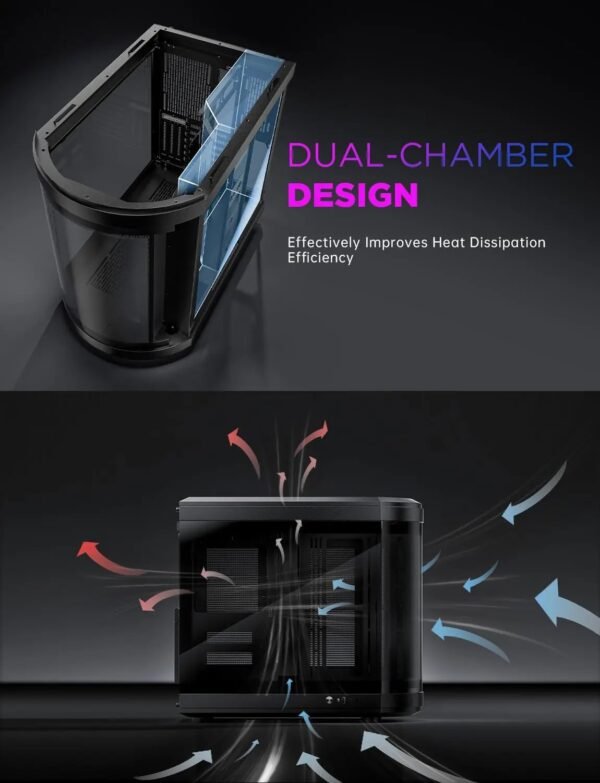 2025/12/1000388973.jpg ASIAHORSE Perseus Mid Tower ATX Case – Dual-Chamber Design, Panoramic Curved Glass, Type-C I/O, 360mm Water Cooling Support, 9 Fan Slots, Robust SPCC Steel Frame, Black