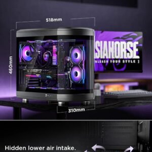 2025/12/1000388974.jpg ASIAHORSE Perseus Mid Tower ATX Case – Dual-Chamber Design, Panoramic Curved Glass, Type-C I/O, 360mm Water Cooling Support, 9 Fan Slots, Robust SPCC Steel Frame, Black
