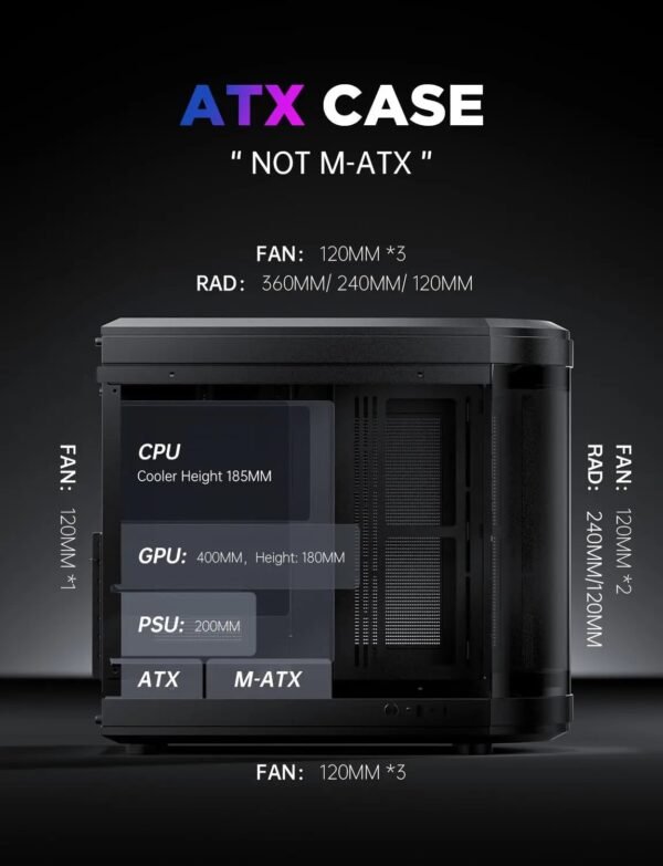 2025/12/1000388975.jpg ASIAHORSE Perseus Mid Tower ATX Case – Dual-Chamber Design, Panoramic Curved Glass, Type-C I/O, 360mm Water Cooling Support, 9 Fan Slots, Robust SPCC Steel Frame, Black