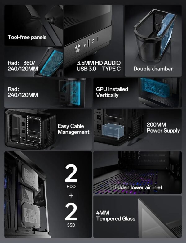 2025/12/1000388976.jpg ASIAHORSE Perseus Mid Tower ATX Case – Dual-Chamber Design, Panoramic Curved Glass, Type-C I/O, 360mm Water Cooling Support, 9 Fan Slots, Robust SPCC Steel Frame, Black