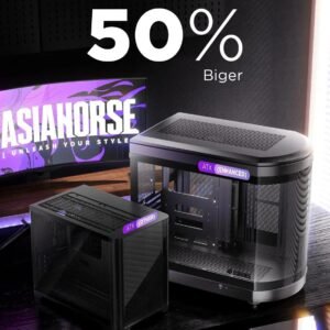 2025/12/1000388977.jpg ASIAHORSE Perseus Mid Tower ATX Case – Dual-Chamber Design, Panoramic Curved Glass, Type-C I/O, 360mm Water Cooling Support, 9 Fan Slots, Robust SPCC Steel Frame, Black