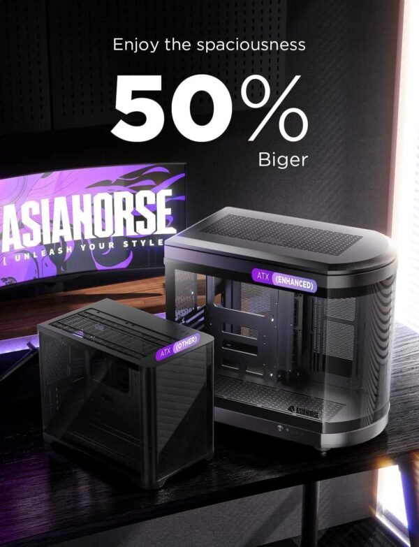 2025/12/1000388977.jpg ASIAHORSE Perseus Mid Tower ATX Case – Dual-Chamber Design, Panoramic Curved Glass, Type-C I/O, 360mm Water Cooling Support, 9 Fan Slots, Robust SPCC Steel Frame, Black
