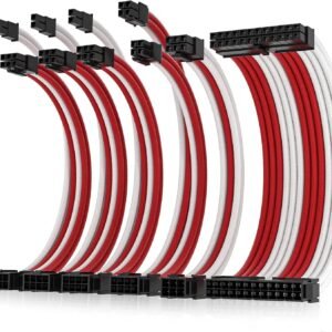 AsiaHorse 16AWG 6KIT DOUBLE Red-White Sleeved PSU Cable Extension Kit – 24-Pin ATX, Dual 4+4 CPU EPS, 3x PCI-E 6+2, Gold-Plated Terminals, 300mm, High-Density PET Braided