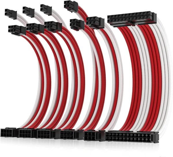 AsiaHorse 16AWG 6KIT DOUBLE Red-White Sleeved PSU Cable Extension Kit – 24-Pin ATX, Dual 4+4 CPU EPS, 3x PCI-E 6+2, Gold-Plated Terminals, 300mm, High-Density PET Braided