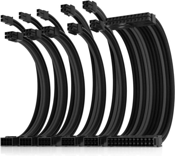 2025/12/1000389470.jpg AsiaHorse 16AWG 6KIT DOUBLE NEW-6KIT- BLACK-GREY Sleeved PSU Cable Extension Kit – 24-Pin ATX, Dual 4+4 CPU EPS, 3x PCI-E 6+2, Gold-Plated Terminals, 300mm, High-Density PET Braided