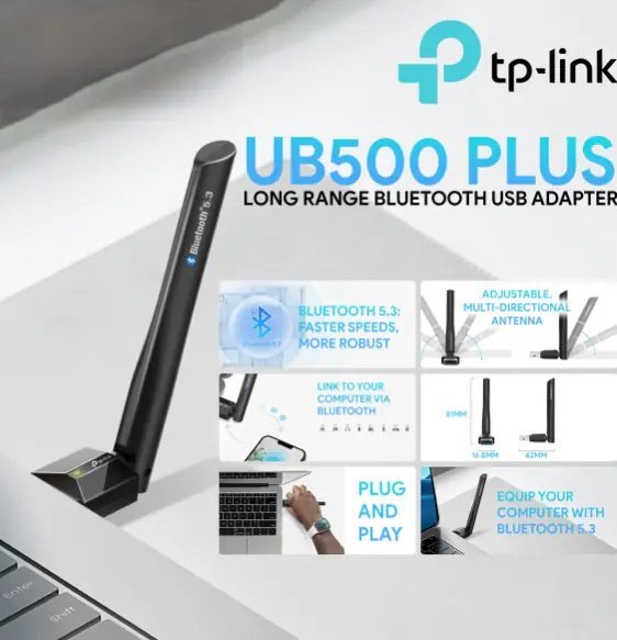 2025/12/1000392564.jpg TP-Link UB500 Plus USB Bluetooth Adapter | Bluetooth 5.3 | Plug & Play | Adjustable Antenna | Windows 11/10/8.1/7 | PC, Laptop, Controller Support