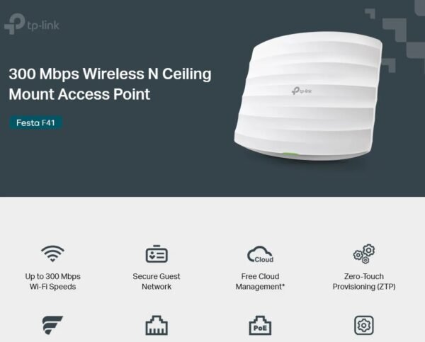 2025/12/1000392583.jpg TP-Link FESTA F41 300Mbps Wireless N Ceiling Mount Access Point – PoE Support, Cloud Management, Easy Setup, 2x4dBi Antennas, Wall/Ceiling Mount Kit