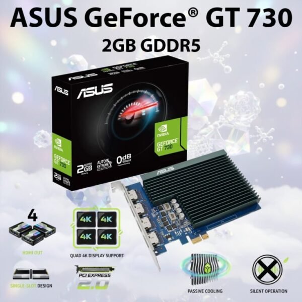 2025/12/1000392595.jpg ASUS GeForce® GT 730 Graphics Card With 2GB GDDR5, 4x HDMI 4K Output, Passive Cooling, Single-Slot Design, PCIe 2.0, GPU Tweak II, Windows 11 Support