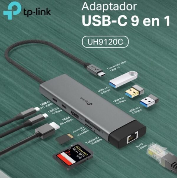 2025/12/1000392607.jpg TP-Link UH9120C 9-in-1 USB-C Hub – 4K@60Hz HDMI, Gigabit Ethernet, 100W PD Fast Charging, SD/microSD UHS-I, 5Gbps USB 3.0, Compact Aluminum Alloy Design