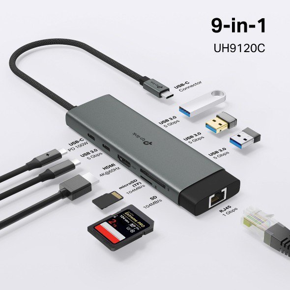 2025/12/1000392611.jpg TP-Link UH9120C 9-in-1 USB-C Hub – 4K@60Hz HDMI, Gigabit Ethernet, 100W PD Fast Charging, SD/microSD UHS-I, 5Gbps USB 3.0, Compact Aluminum Alloy Design