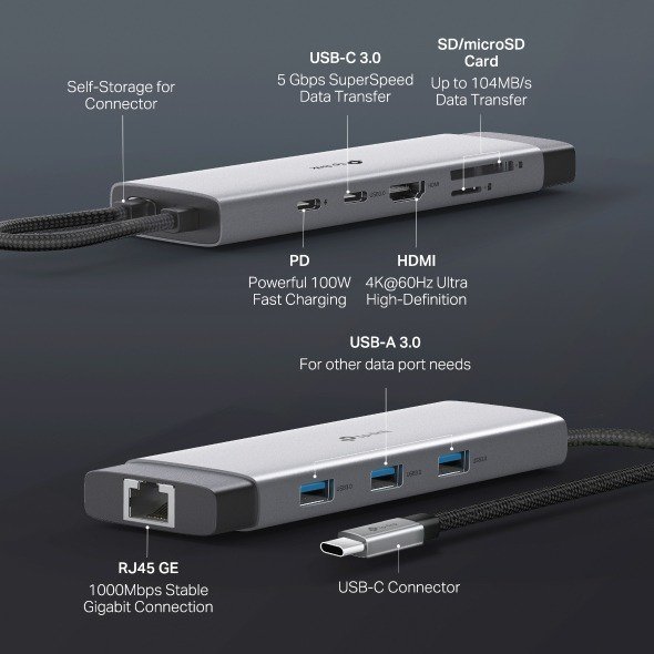 2025/12/1000392612.jpg TP-Link UH9120C 9-in-1 USB-C Hub – 4K@60Hz HDMI, Gigabit Ethernet, 100W PD Fast Charging, SD/microSD UHS-I, 5Gbps USB 3.0, Compact Aluminum Alloy Design