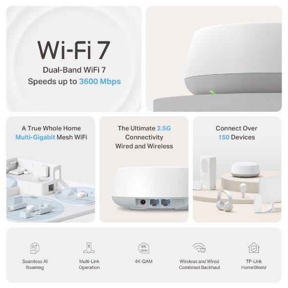 TP-Link Deco BE3600 Mesh WiFi 7 Router | Dual-Band 3600 Mbps | 2× 2.5 Gbps Ports | AI-Driven Roaming | HomeShield Security | Works with Alexa & Google Home