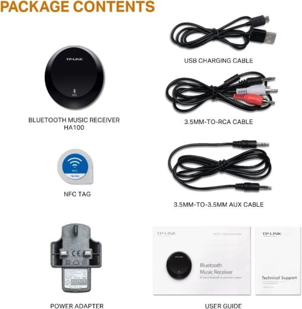 2025/12/1000392670.jpg TP-Link HA100 NFC-Enabled Bluetooth Music Receiver – Wireless Streaming, 20m Range, Bluetooth 4.1, USB Powered, 3.5mm & RCA Output, for Home Stereo Systems