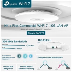 TP-Link EAP773 BE9300 Tri-Band WiFi 7 Ceiling Access Point – 9213 Mbps, 10G PoE++ Port, Multi-Link Operation, 4096-QAM, AI Roaming, Omada SDN, WPA3 Security