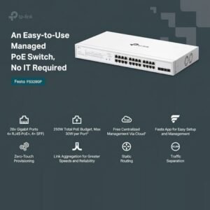 TP-Link Festa FS328GP 28-Port Gigabit Smart Switch – 24× PoE+ Ports (30W/Port, 250W Budget), 4× SFP Slots, 56Gbps, Rack-Mountable, Cloud Management, SMB-Ready