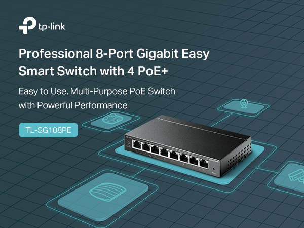 2025/12/1000392729.png TP-Link TL-SG108PE 8-Port Gigabit Easy Smart Switch – 4× PoE+ Ports 64W Budget, VLAN, QoS, IGMP Snooping, Auto-Recovery, Fanless Metal Case, Desktop/Wall-Mount