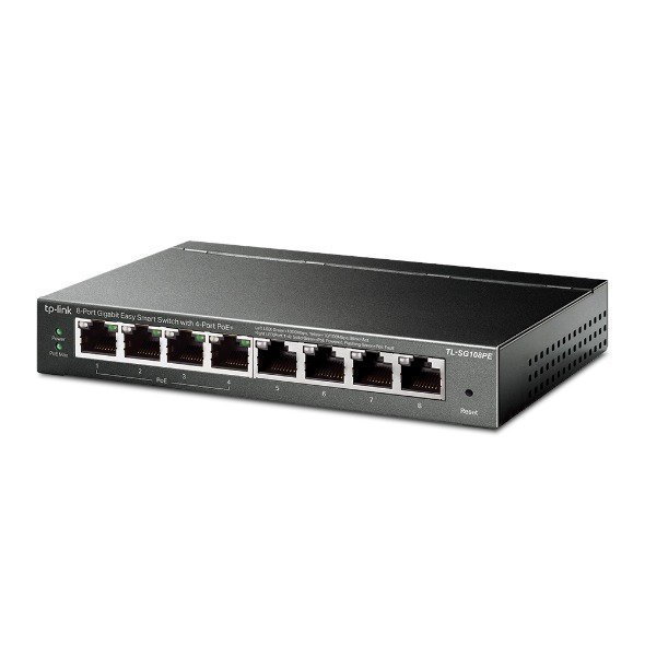 2025/12/1000392731.jpg TP-Link TL-SG108PE 8-Port Gigabit Easy Smart Switch – 4× PoE+ Ports 64W Budget, VLAN, QoS, IGMP Snooping, Auto-Recovery, Fanless Metal Case, Desktop/Wall-Mount
