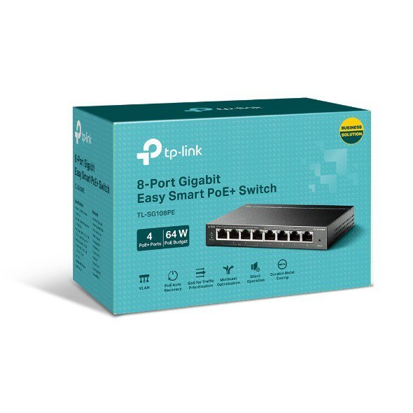 2025/12/1000392737.jpg TP-Link TL-SG108PE 8-Port Gigabit Easy Smart Switch – 4× PoE+ Ports 64W Budget, VLAN, QoS, IGMP Snooping, Auto-Recovery, Fanless Metal Case, Desktop/Wall-Mount