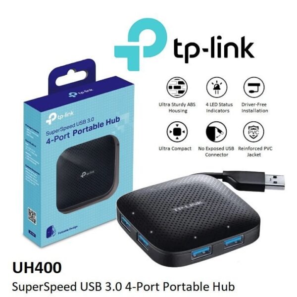 2026/01/1000397887.jpg TP-Link UH400 USB 3.0 4-Port Portable Hub – 5Gbps SuperSpeed Data Transfer, Compact Design, Built-In Cable, Plug & Play, Compatible with Windows, Mac OS X & Linux