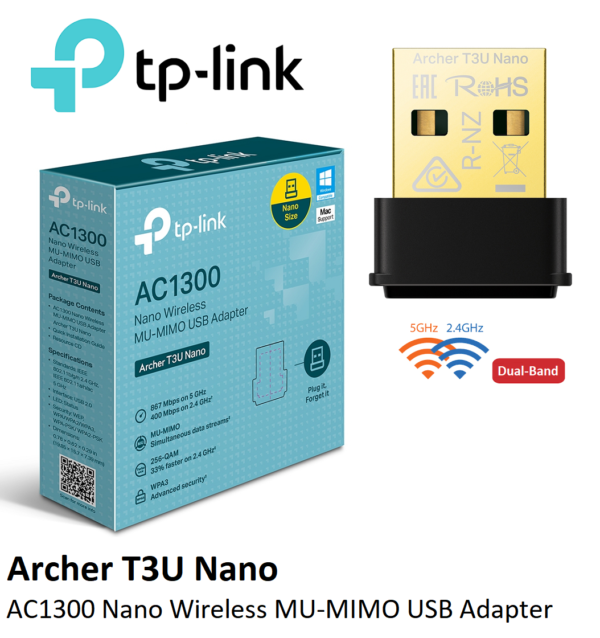 TP-Link Archer T3U Nano USB WiFi Adapter for PC AC1300 2.4G/5G Dual-Band Wireless Network Transceiver Adapter for Desktop PC, Travel Size, Supports Windows & Mac OS