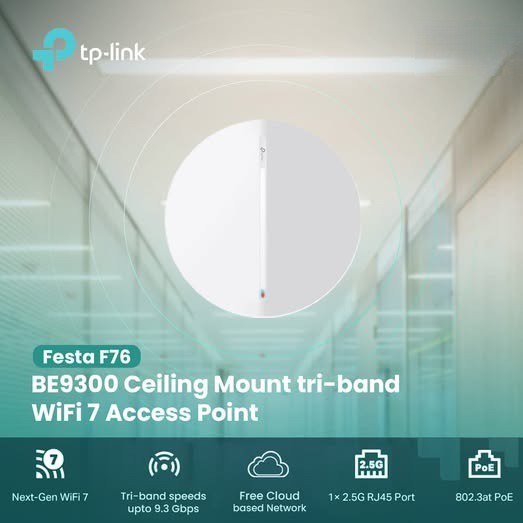 Festa F76 BE9300 Tri-Band WiFi 7 Ceiling AP – 9.3 Gbps Speeds, 2.5G PoE Port, Mesh & Seamless Roaming, 320 MHz, 4K-QAM, Multi-Link Operation, Festa Cloud Management