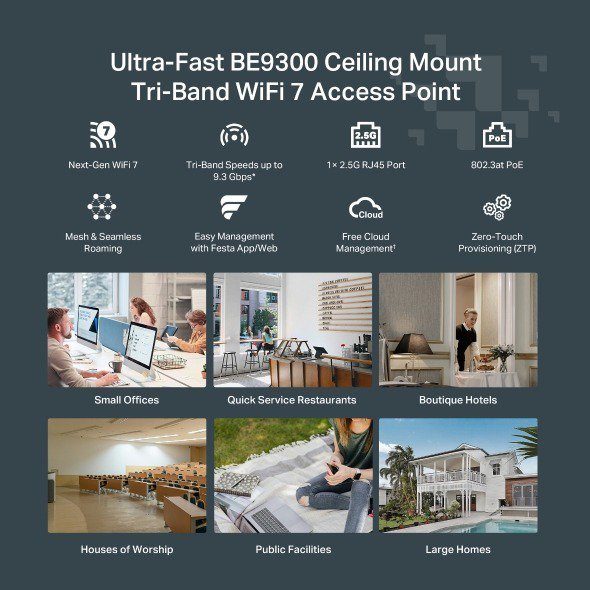 Festa F76 BE9300 Tri-Band WiFi 7 Ceiling AP – 9.3 Gbps Speeds, 2.5G PoE Port, Mesh & Seamless Roaming, 320 MHz, 4K-QAM, Multi-Link Operation, Festa Cloud Management