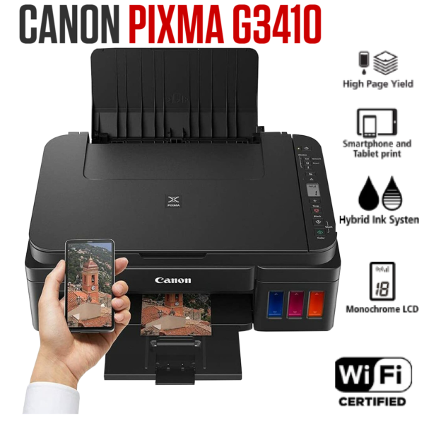 Canon Pixma G3410 3in1 INK WIFI Printer – Print, Copy, Scan, Cloud Link –  Up to 48001 x 1200 dpi Resolution – Black and Colour Printing – Refillable Ink Tank | BLACK