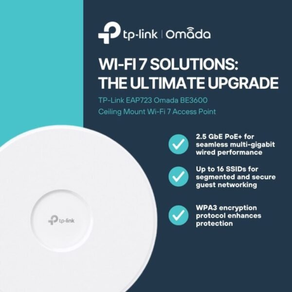 2026/01/1000397979.jpg TP-Link EAP723 BE5000 Ceiling Mount WiFi 7 Access Point with 5.0 Gbps Dual-Band Speed, 2.5GbE Port, Omada Cloud Management, PoE Plus Support, Mesh and Seamless Roaming