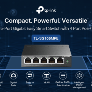 2026/01/1000397992.png TP-Link TL-SG105MPE 5-Port Gigabit Easy Smart Switch – 4× PoE+ Ports 120W Budget, VLAN, QoS, IGMP Snooping, PoE Auto-Recovery, Fanless Metal Case, Desktop/Wall-Mount