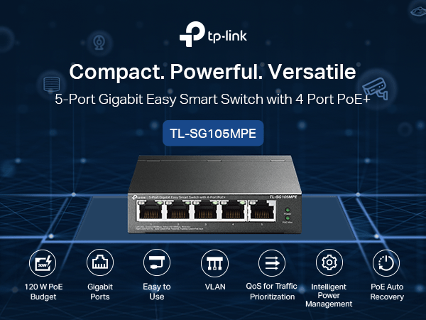 2026/01/1000397992.png TP-Link TL-SG105MPE 5-Port Gigabit Easy Smart Switch – 4× PoE+ Ports 120W Budget, VLAN, QoS, IGMP Snooping, PoE Auto-Recovery, Fanless Metal Case, Desktop/Wall-Mount