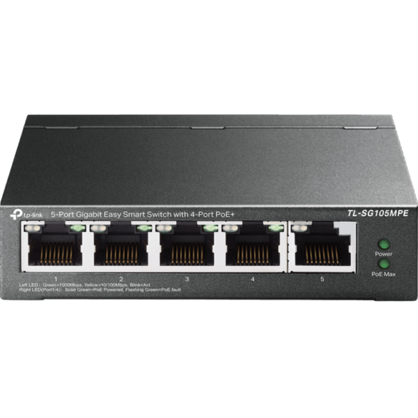 2026/01/1000397994.png TP-Link TL-SG105MPE 5-Port Gigabit Easy Smart Switch – 4× PoE+ Ports 120W Budget, VLAN, QoS, IGMP Snooping, PoE Auto-Recovery, Fanless Metal Case, Desktop/Wall-Mount