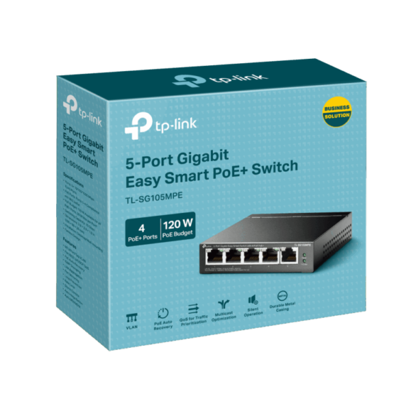 2026/01/1000397995.png TP-Link TL-SG105MPE 5-Port Gigabit Easy Smart Switch – 4× PoE+ Ports 120W Budget, VLAN, QoS, IGMP Snooping, PoE Auto-Recovery, Fanless Metal Case, Desktop/Wall-Mount