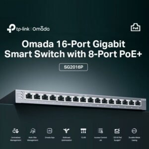 TP-Link Omada TL-SG2016P 16-Port Gigabit Smart Switch with 8-Port PoE+, 120W Budget, Omada SDN Cloud Control, VLAN, QoS, ACL, Fanless Metal Design for Business Networks