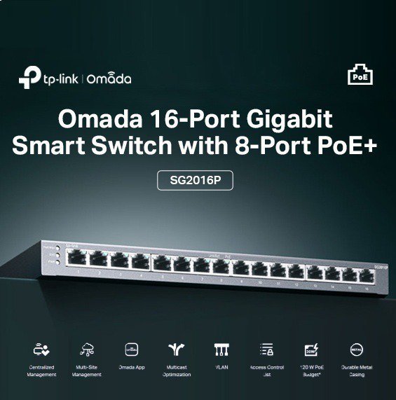 2026/01/1000397996.jpg TP-Link Omada TL-SG2016P 16-Port Gigabit Smart Switch with 8-Port PoE+, 120W Budget, Omada SDN Cloud Control, VLAN, QoS, ACL, Fanless Metal Design for Business Networks