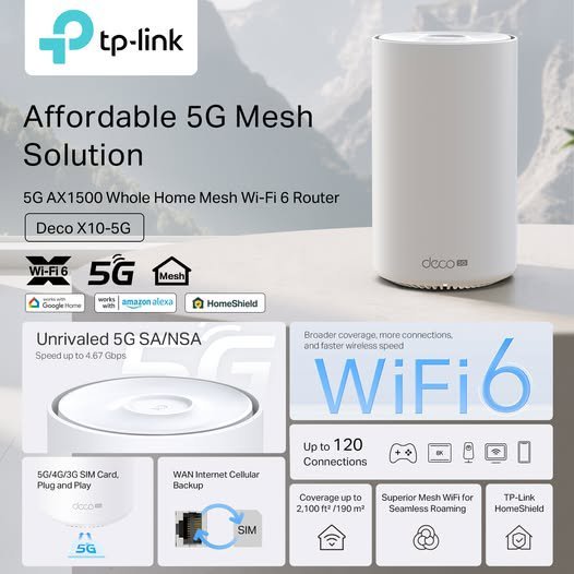 TP-Link Deco X10-4G AX1500 WiFi 6 Mesh Gateway – 4G+ CAT6 Built-in Modem, Dual-Band 1201+300 Mbps, 3× Gigabit Ports, Seamless Roaming, Parental Control, Alexa Support