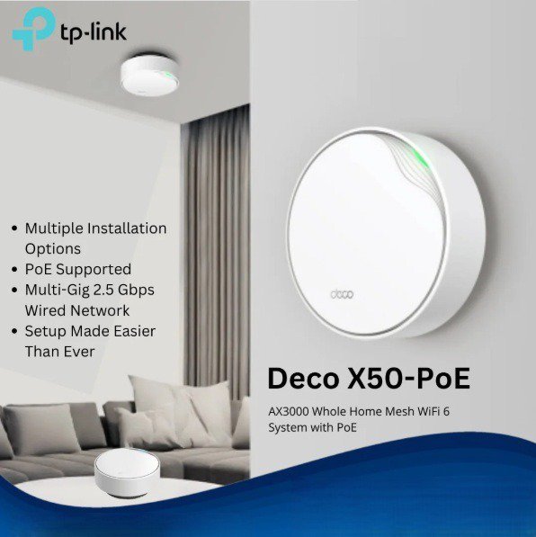TP-Link Deco X50-PoE AX3000 Mesh WiFi 6 System – Dual-Band 2402+574 Mbps, PoE & DC Power, AI-Driven Seamless Coverage up to 6,500 ft², 2.5 Gbps Ports, HomeShield Security