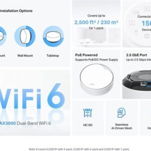 TP-Link Deco X50-PoE AX3000 Mesh WiFi 6 System – Dual-Band 2402+574 Mbps, PoE & DC Power, AI-Driven Seamless Coverage up to 6,500 ft², 2.5 Gbps Ports, HomeShield Security