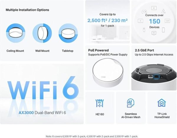 TP-Link Deco X50-PoE AX3000 Mesh WiFi 6 System – Dual-Band 2402+574 Mbps, PoE & DC Power, AI-Driven Seamless Coverage up to 6,500 ft², 2.5 Gbps Ports, HomeShield Security