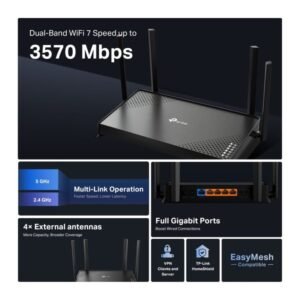 TP-Link Archer BE220 BE3600 Dual-Band WiFi 7 Router with 3.6 Gbps Speeds, Full Gigabit Ports, EasyMesh Support, HomeShield Security, Multi-Link Operation and Expanded Coverage