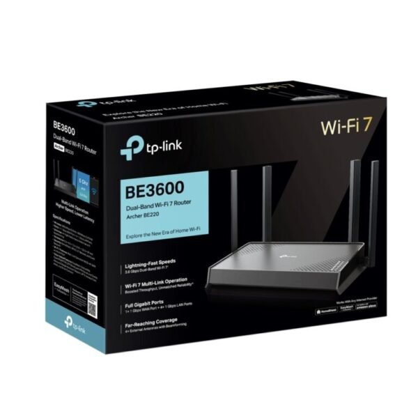 TP-Link Archer BE220 BE3600 Dual-Band WiFi 7 Router with 3.6 Gbps Speeds, Full Gigabit Ports, EasyMesh Support, HomeShield Security, Multi-Link Operation and Expanded Coverage